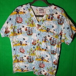 S.C.R.U.B.S Top Women Medium Pirate Ship Treasure Chest Monkey Seagulls Nurse